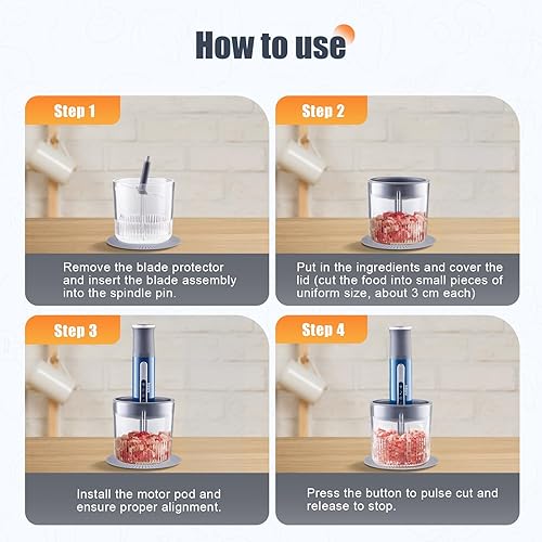 Miniatura 7 de Kawu Procesador de alimentos inalámbrico, picador eléctrico portátil de alimentos con 4 tazones  1 tazón grande + 3 cuencos pequeños  2 cuchillas de