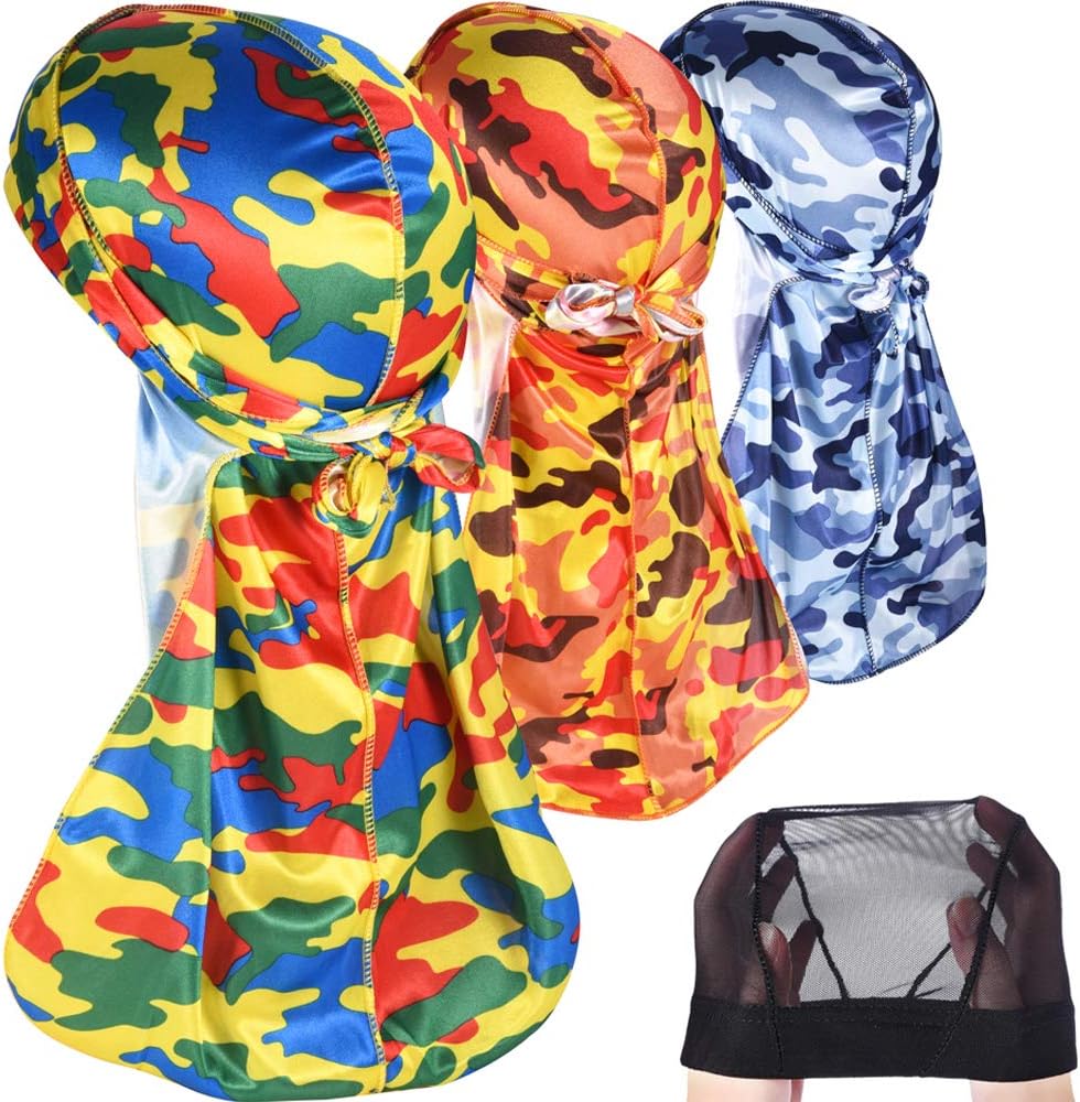 3PCS Camo Paisley Silky Durags Pack for Men Waves, Award 1 Wave Cap,A