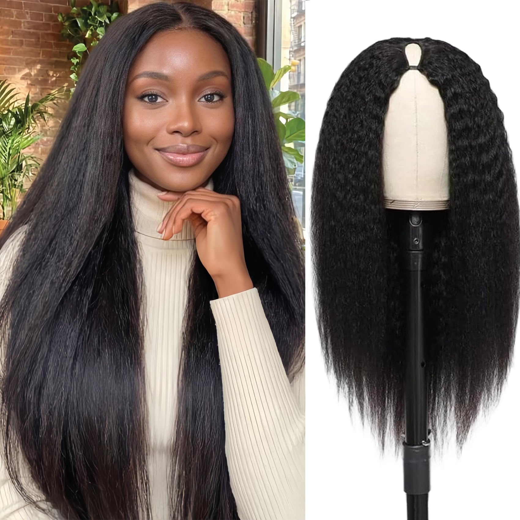 Forevermore Yaki Straight V Part Wig Human Hair Kinky Straight Vpart Human Hair Wig For Black Women 22 Inch Upgrade Glueless U Part Wig Half Wigs
