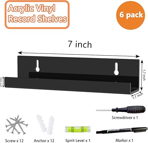 Miniatura 4 de Hexsonhoma Soporte de pared para discos de vinilo negro de 12 pulgadas, estante de acrílico para pared, soporte para exhibición de discos de vinilo,