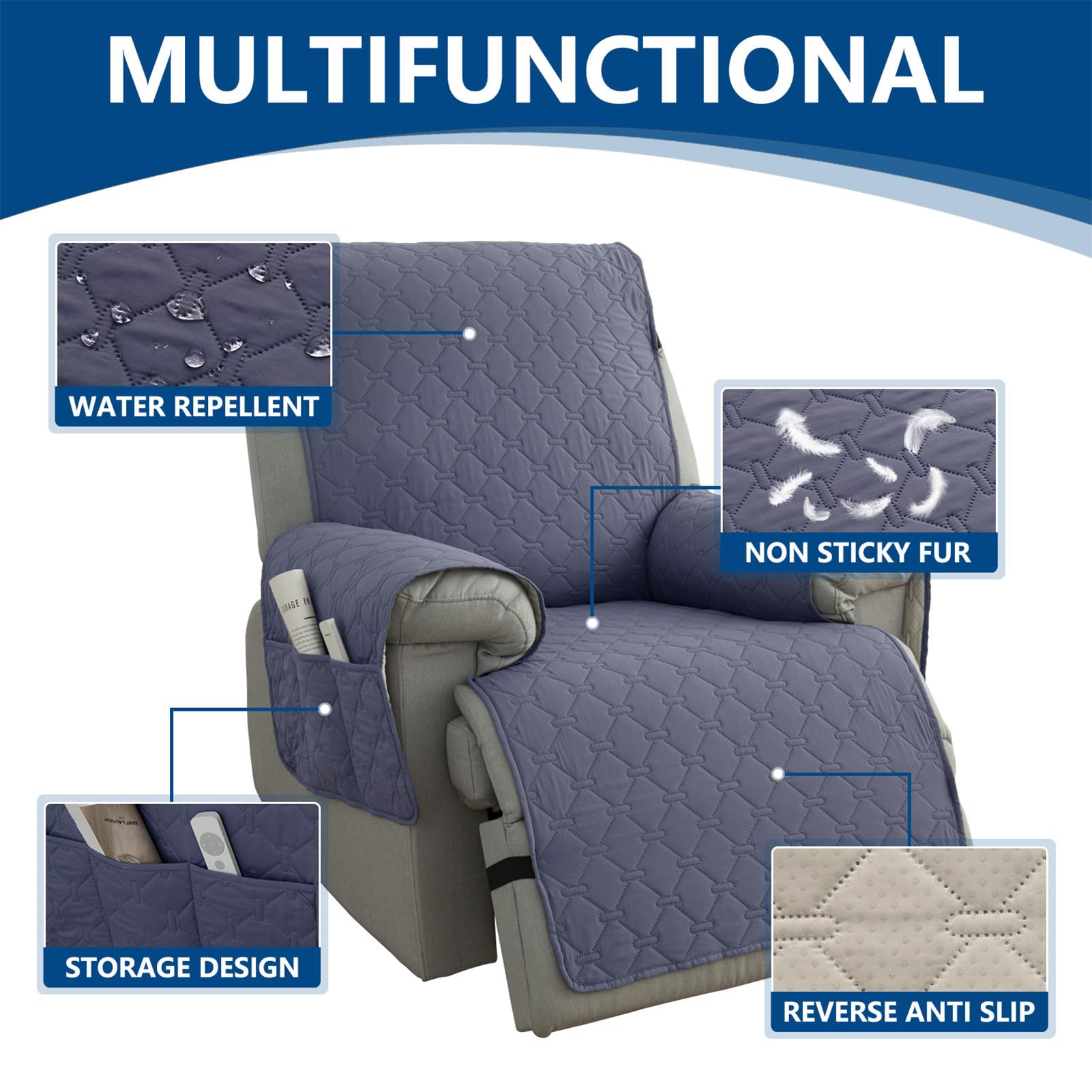 Copripoltrona Relax Reclinabile 1 Posto Impermeabile, Copri Poltrona Elettrica Antiscivolo Universale, Antigraffio Fodera Poltrona Laterali con Tasche (Blu Grigio,25 x 91 inch)