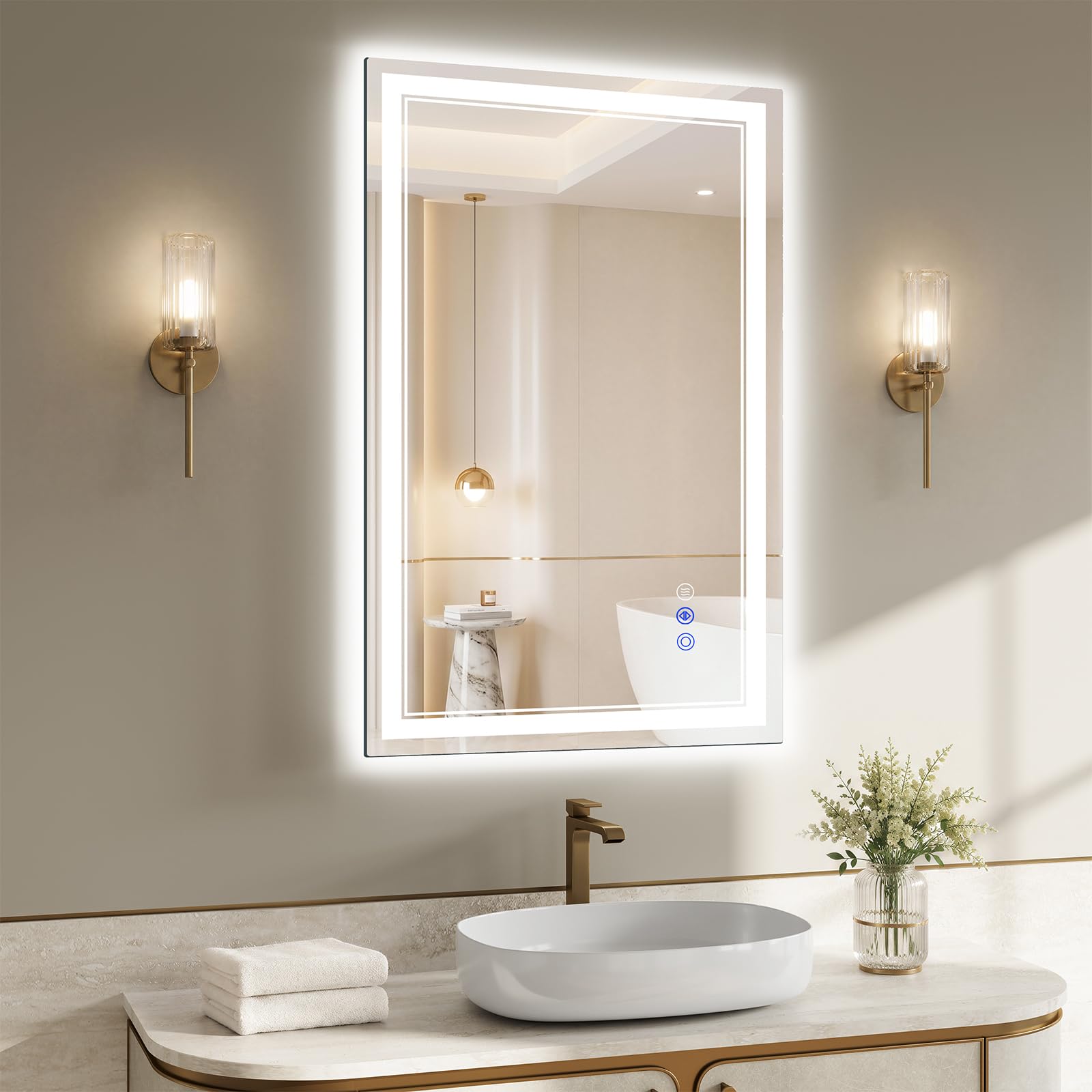 XRAMFY Bathroom Mirror with LED Lights, 81x51 cm Led Mirror with Anti-Fog, 3 Colors Dimmable, Memory Function, HD Tempered Glass Wall Mirror Horizontal/Vertical