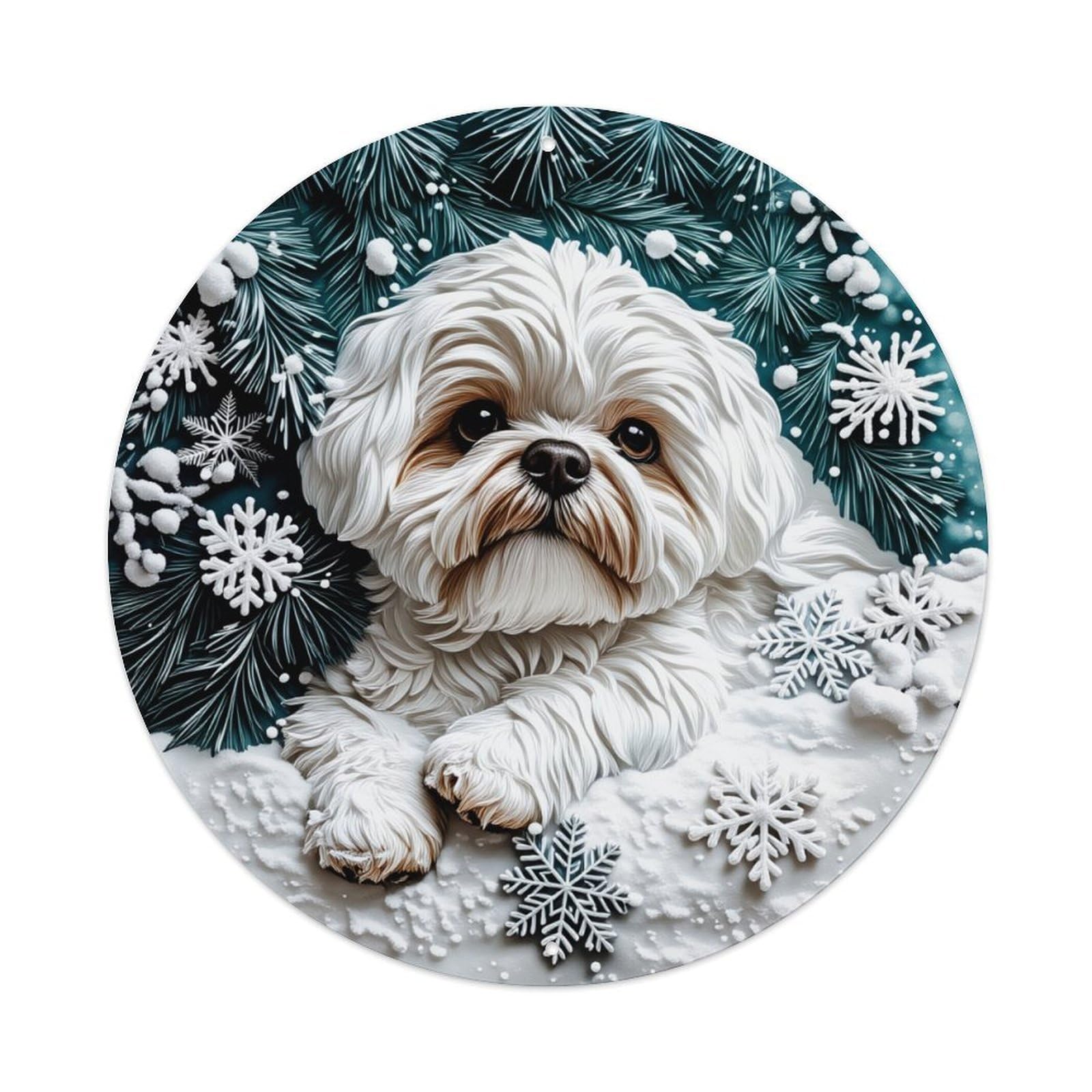 Snowflake Pine Dog Winter Scene Round Tin Sign Retro Metal Sign for Cafe Bar Pub Home Game Room Gym Club Wall Decoration Vintage Metal Poster 8x8 Inch