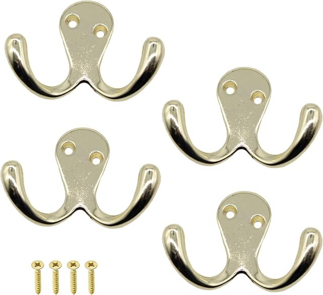 EAI Double Robe Hook for Coats Bath Towels 55x76mm Pack of 4 (Brass)