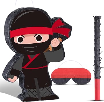 Ninja Pinata Mini with Blindfold for Birthday Party Supplies, Bat and Filler for Birthday Party Decorations, Boys Girls and Adults Game Warrior Halloween Favors