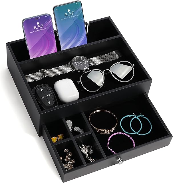 BELLE VOUS Black 7 Compartment Valet Dresser/Nightstand Organiser Tray with Drawer - Desk Storage Box For Wallet, Phone, Keys, Jewellery, Men's Accessories, Money, Cufflinks- Catchall Box for Bedside