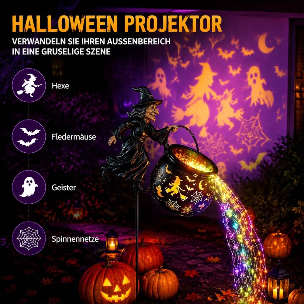 Leuchtender Halloween-Hexenkessel Mit Hexe, Wasserfall-Stil Verzauberter Hexenkessel Gartendekoration,Wasserdichte HäNgende Laterne,FüR Hof Rasen Veranda Party Dekor (1PC)