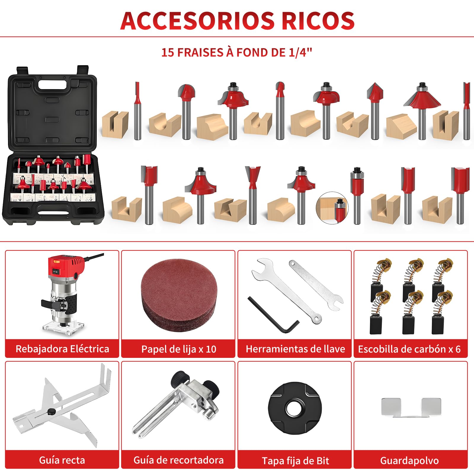 Fresadora de madera 800 W, 6 velocidades variables, 6,35 mm, cortador eléctrico de madera con juego de 15 puntas de 1/4 pulgadas, 30000 RPM Rebajadora Eléctrica
