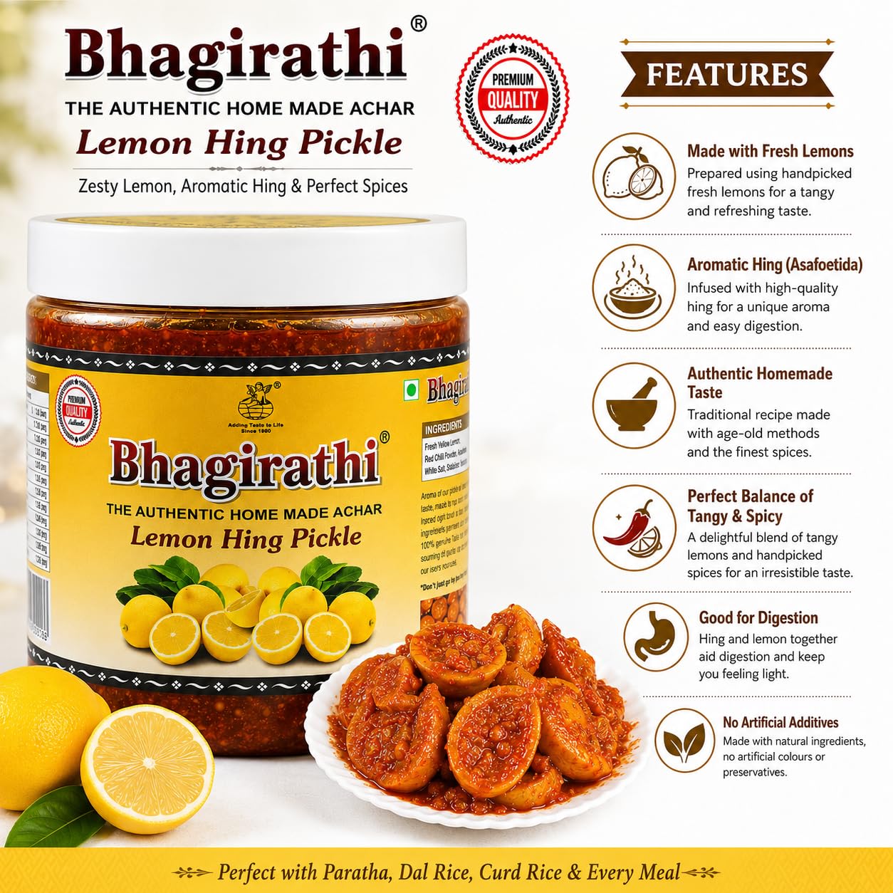 Bhagirathi Traditional Lemon Hing Pickle 500g Spicy Nimbu Hing Ka Achar Homemade Style Oil-Free Digestive Lemon Pickle 2