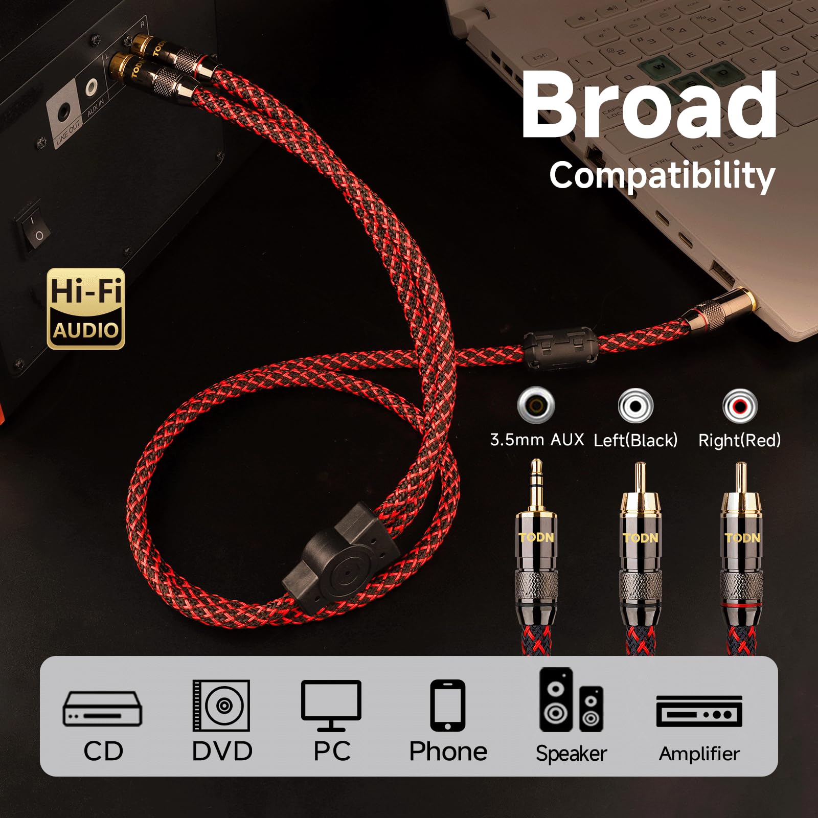 TODN Audiophiles - Cable de audio RCA a 3,5 mm con OFC de 4 núcleos, cable RCA a AUX blindado para smartphone/tabletas a altavoz/amplificadores/estéreo (1,5 m)
