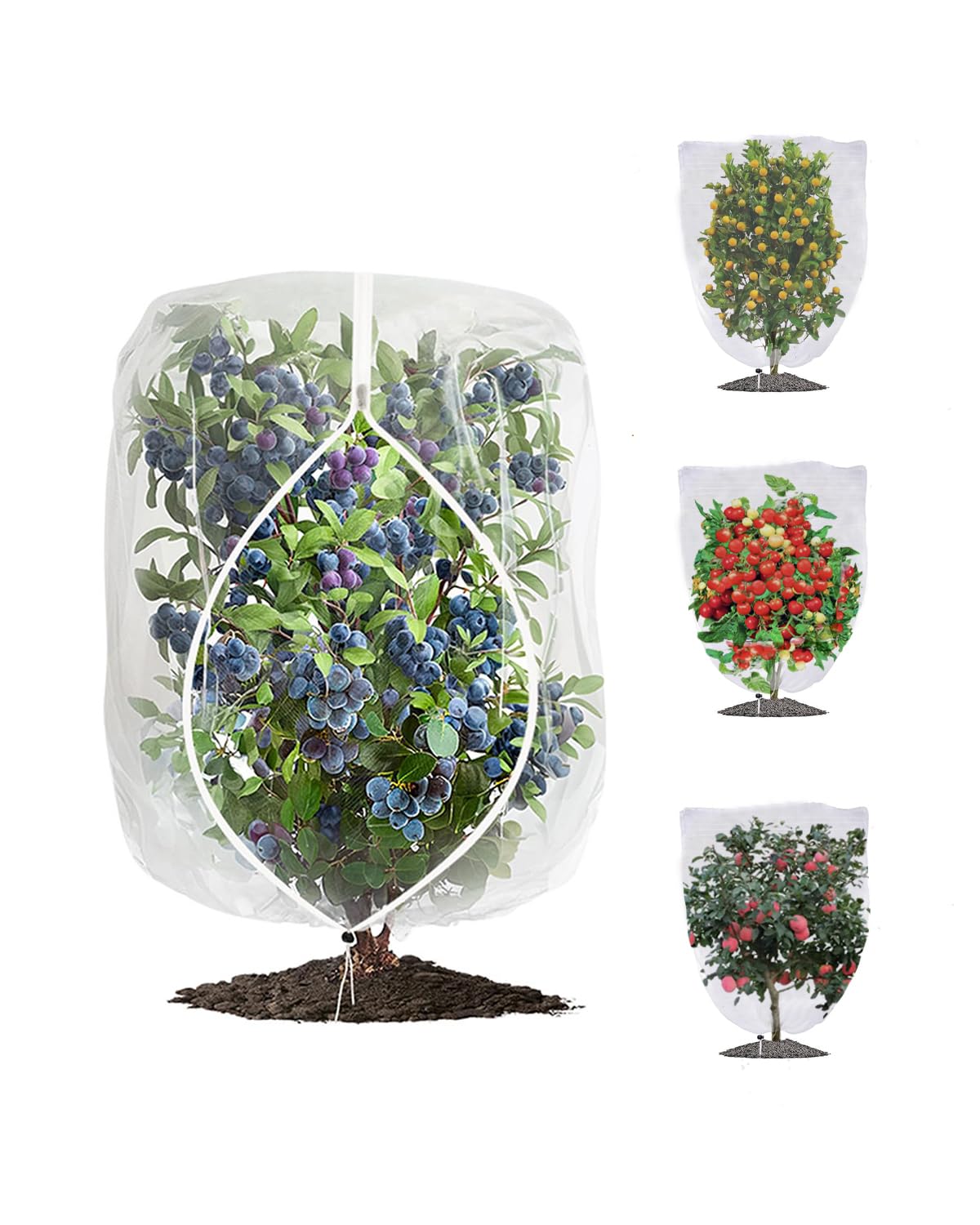 Paquete de 4 redes para árboles frutales, red de protección de tomates y arándanos con cremallera y cordón, barrera para insectos y pájaros, para árboles frutales, verduras, flores, arbustos en el