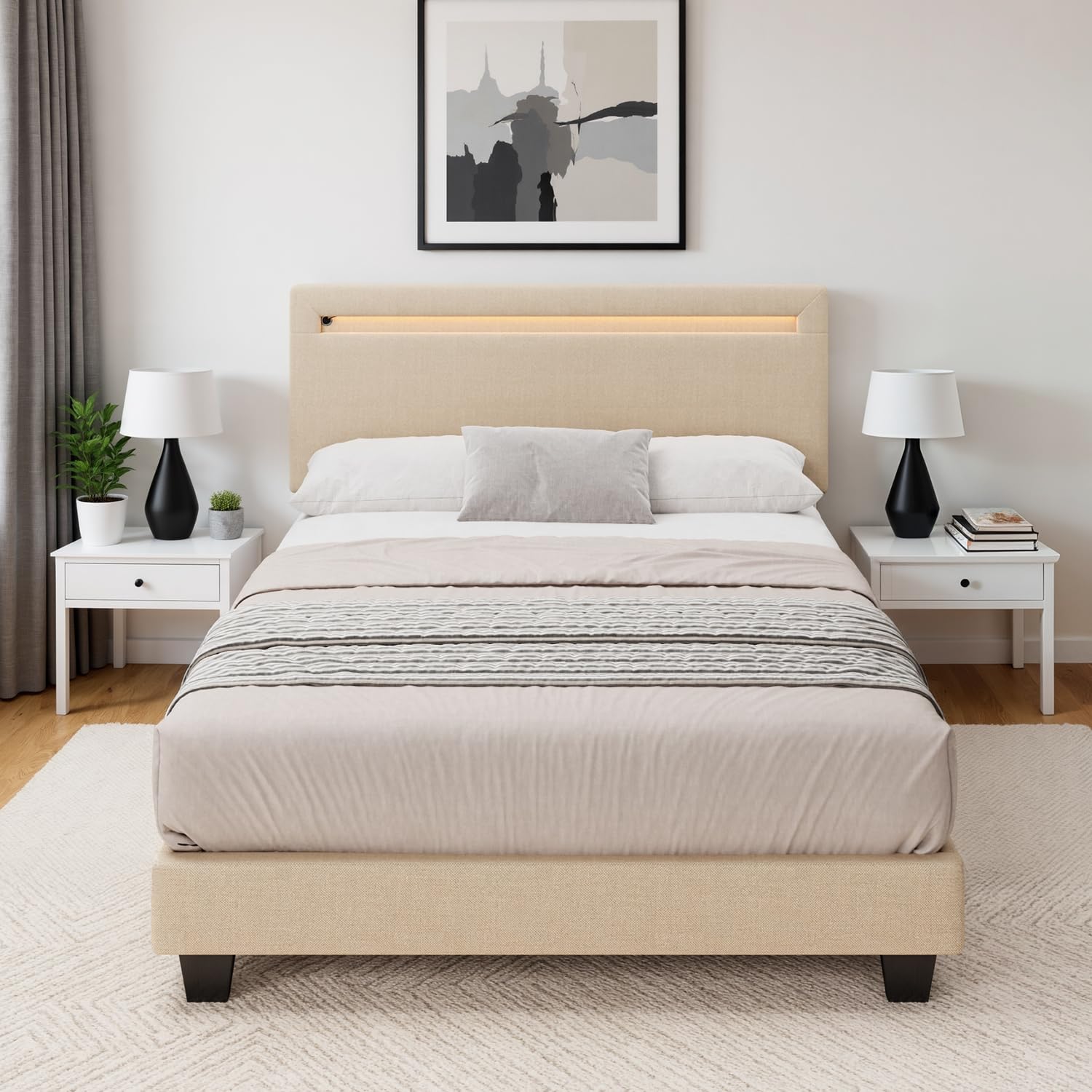 Cama Individual 120x200 cm con Iluminación LED Regulable y Esta, Cabecero Tapizado, Bastidor de Hierro Resistente, Ahorra Espacio, Ideal para Dormitorios y Habitaciones de Invitados, Beige