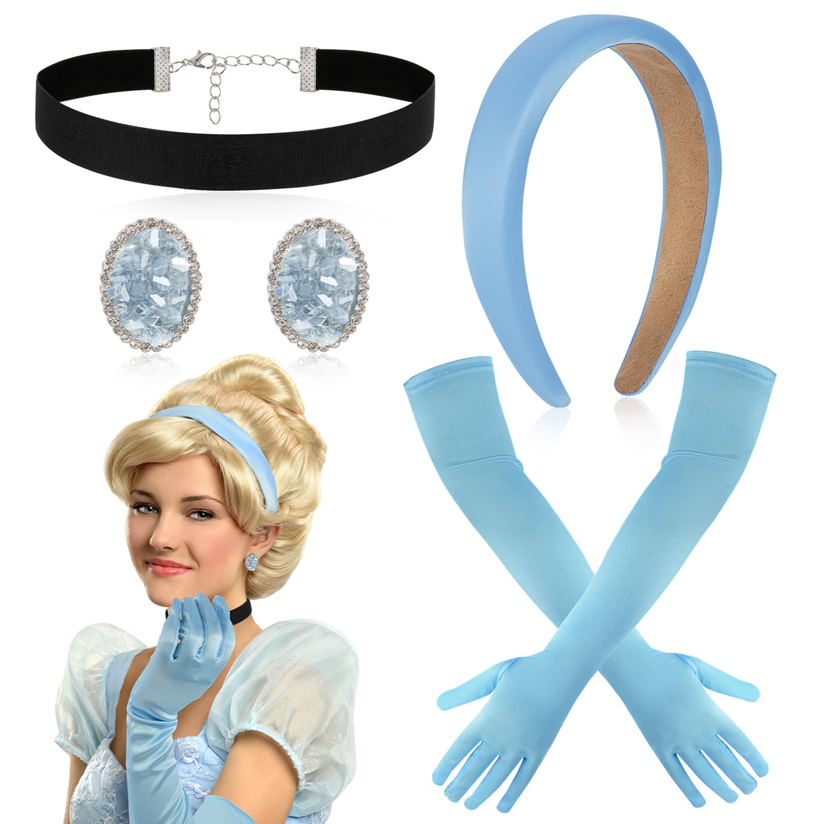 HOWAF Princess Costumes for Girls Women Princess Tiara Headband, Blue Long Gloves