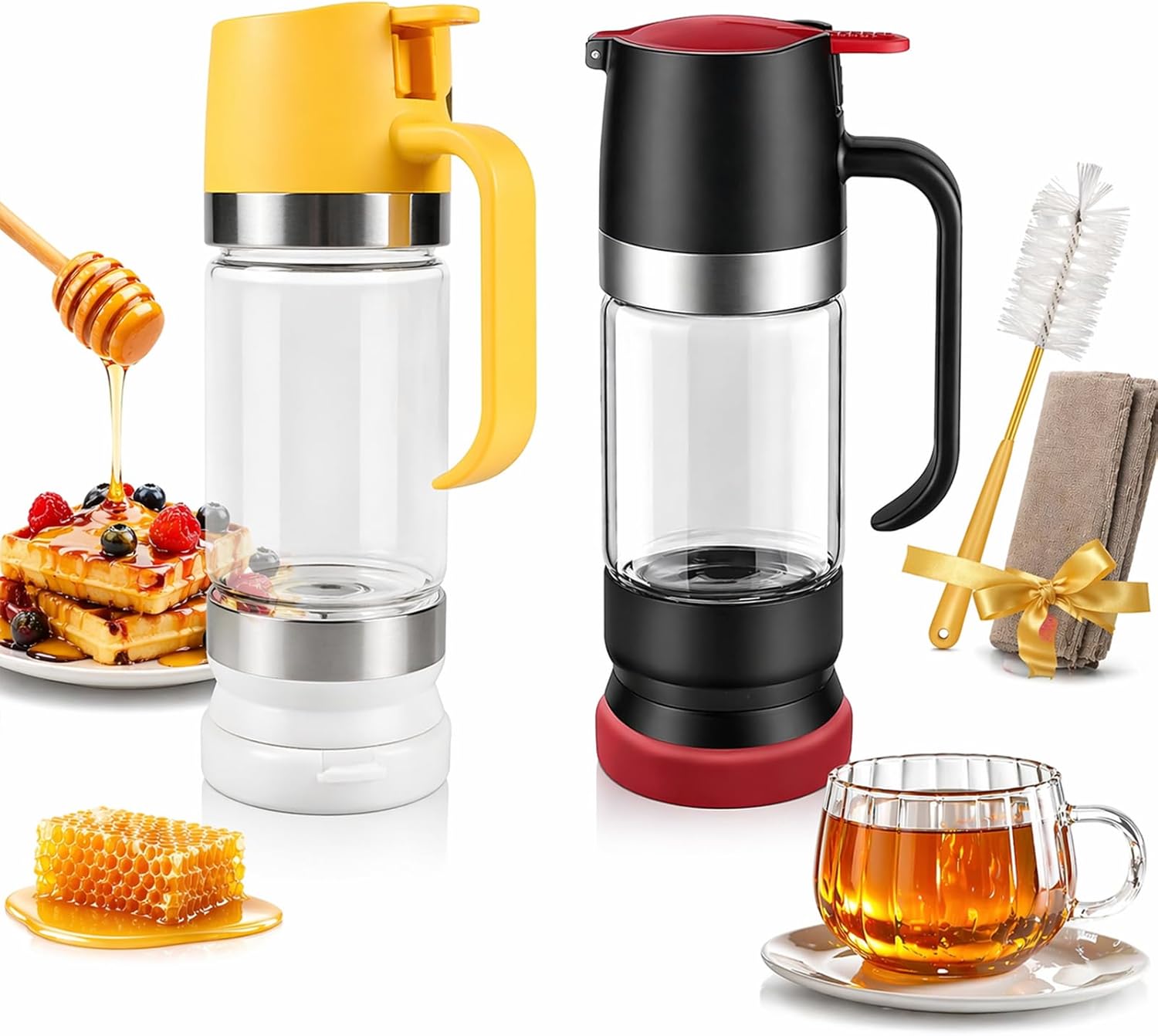 Dispensador De Leche Condensada, New Upgraded Glass Honey Dispenser with Stand No Drip, Glass Honey Dispenser with Stand, Maple Syrup Dispenser for Coffee and Tea Daily Use (2PCS 350ML)