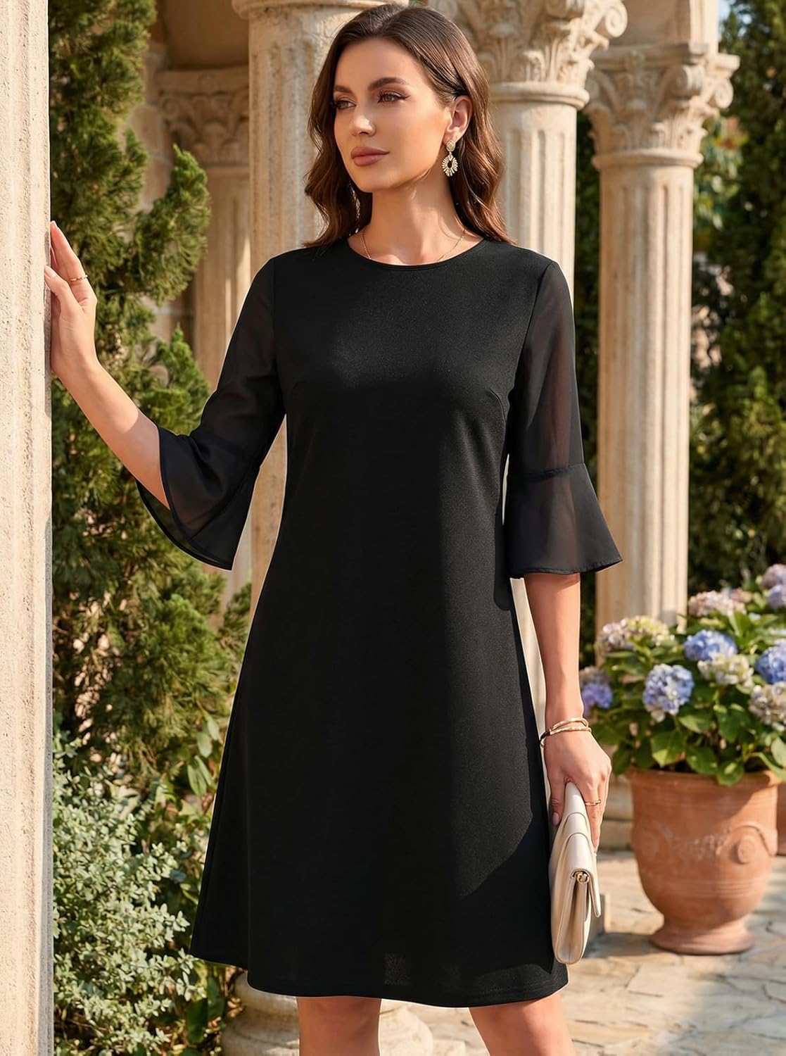 Womens Summer Elegant Bell Chiffon Sleeve Cocktail Dress Crew Neck A Line Wedding Guest Formal Party Short Dresses