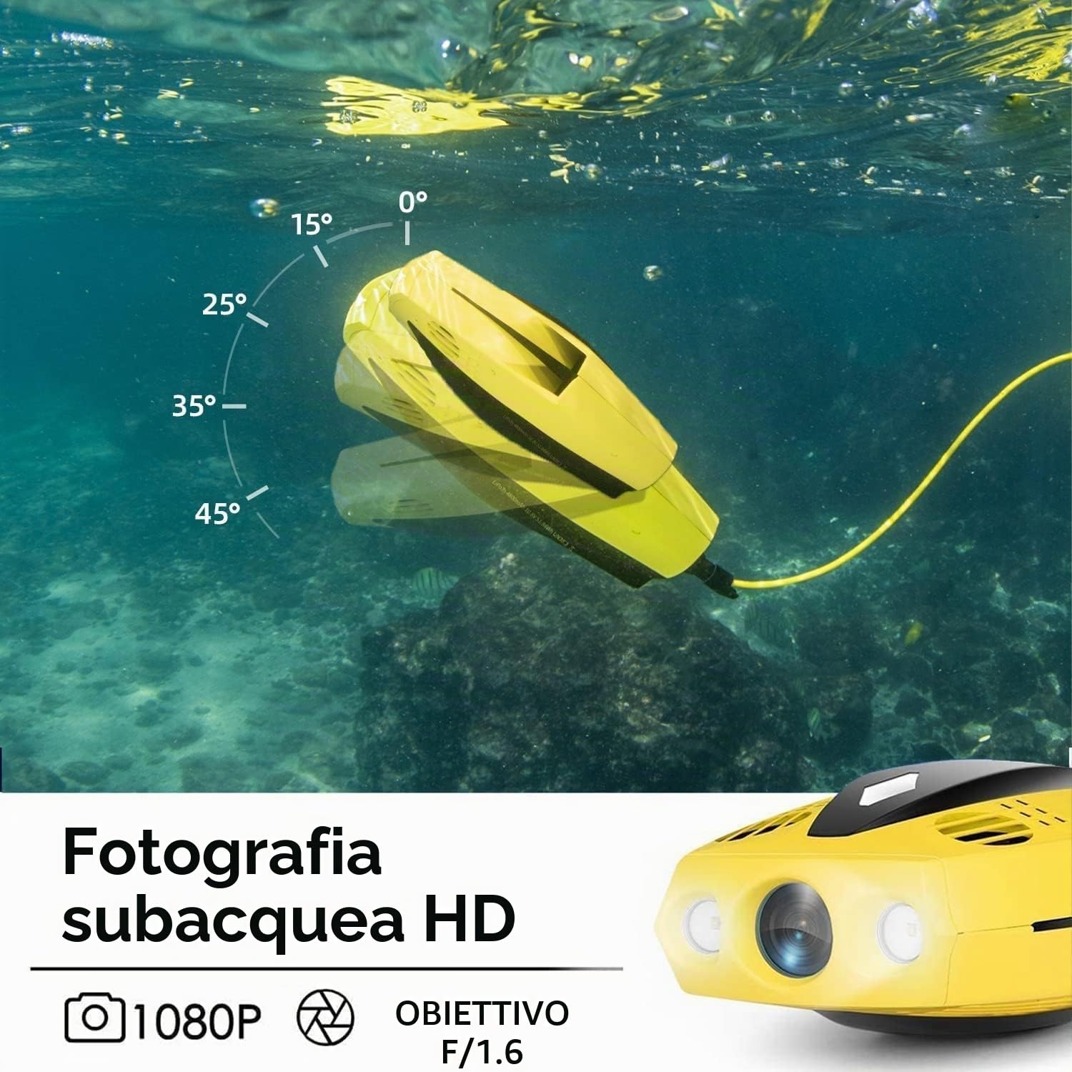 Drone subacqueo, rilevatore subacqueo, drone con telecamera, Full HD 1080p, telefono cellulare/telecomando (doppio controllo), 4 accessori selezionabili, visualizzazione in tempo reale(A)