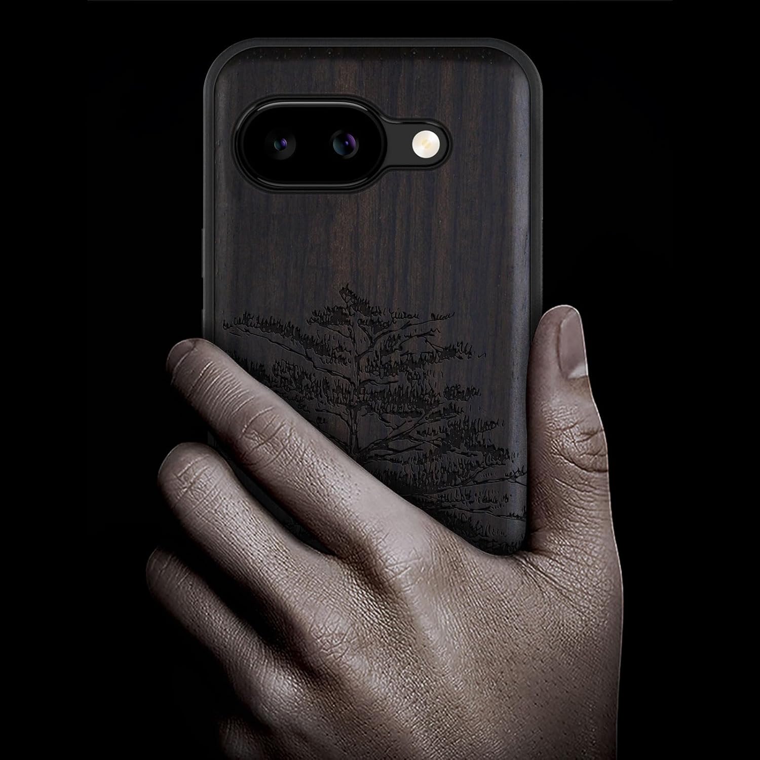 Carveit Magnetic Wooden Case for Google Pixel 9a Case, Wood Artisan Engraved & Soft TPU Shockproof Cover, Compatible with MagSafe Wireless Chargers (Vintage Pine Tree Sketch) Blackwood