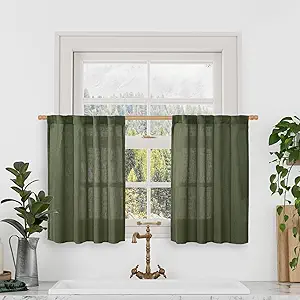LAMIT Olive Green Linen Window Curtains 30 Inches Long 2 Panels, Semi Sheer Light Filtering Panels Back Tab and Rod Pocket Christmas Drapes for Basement/Small Windows, 34 x 30 Inch