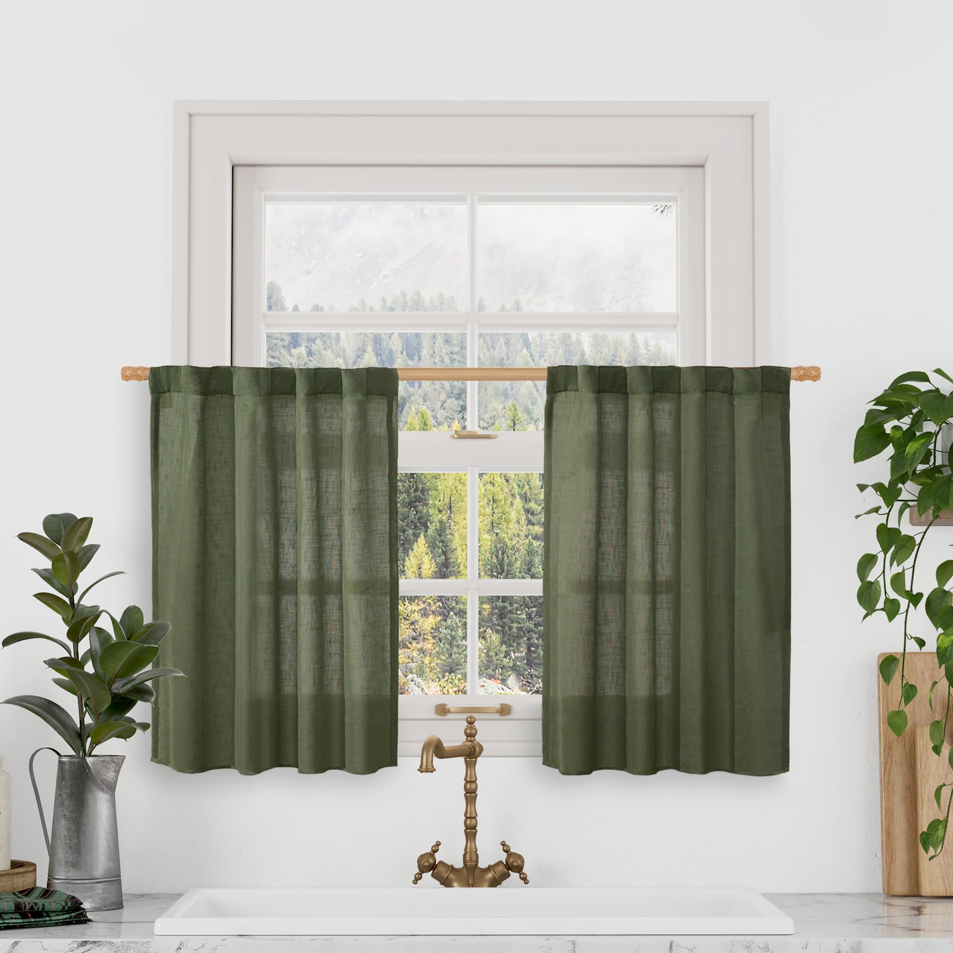 LAMIT Christmas Short Linen Curtains 36 Inch Length 2 Panels, Olive Green Light Filtering Panels Back Tab and Rod Pocket Neutral Cafe Drapes for Bathroom/Small Windows, 34 x 36 Inch