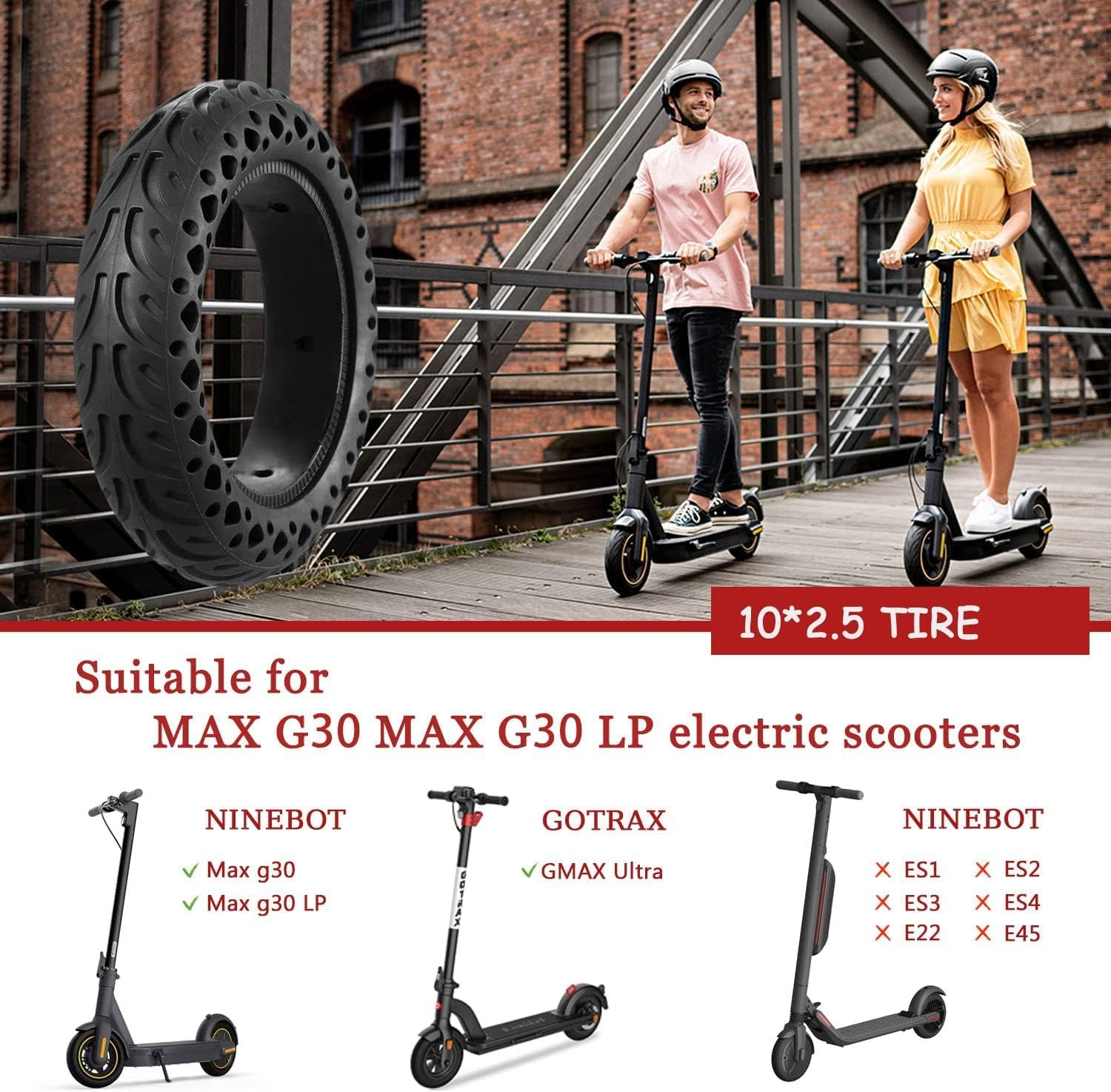 GYL 60/70-6.5 Scooter Tires：10 Inch Solid Tyre, 10x2.50-6.5 Tubeless Tire Replacement for Segway Ninebot Max G2 G30 G30P G30LP Gotrax Eclipse Electric Scooter Rubber Honeycomb Wheel Black 1 Pcs
