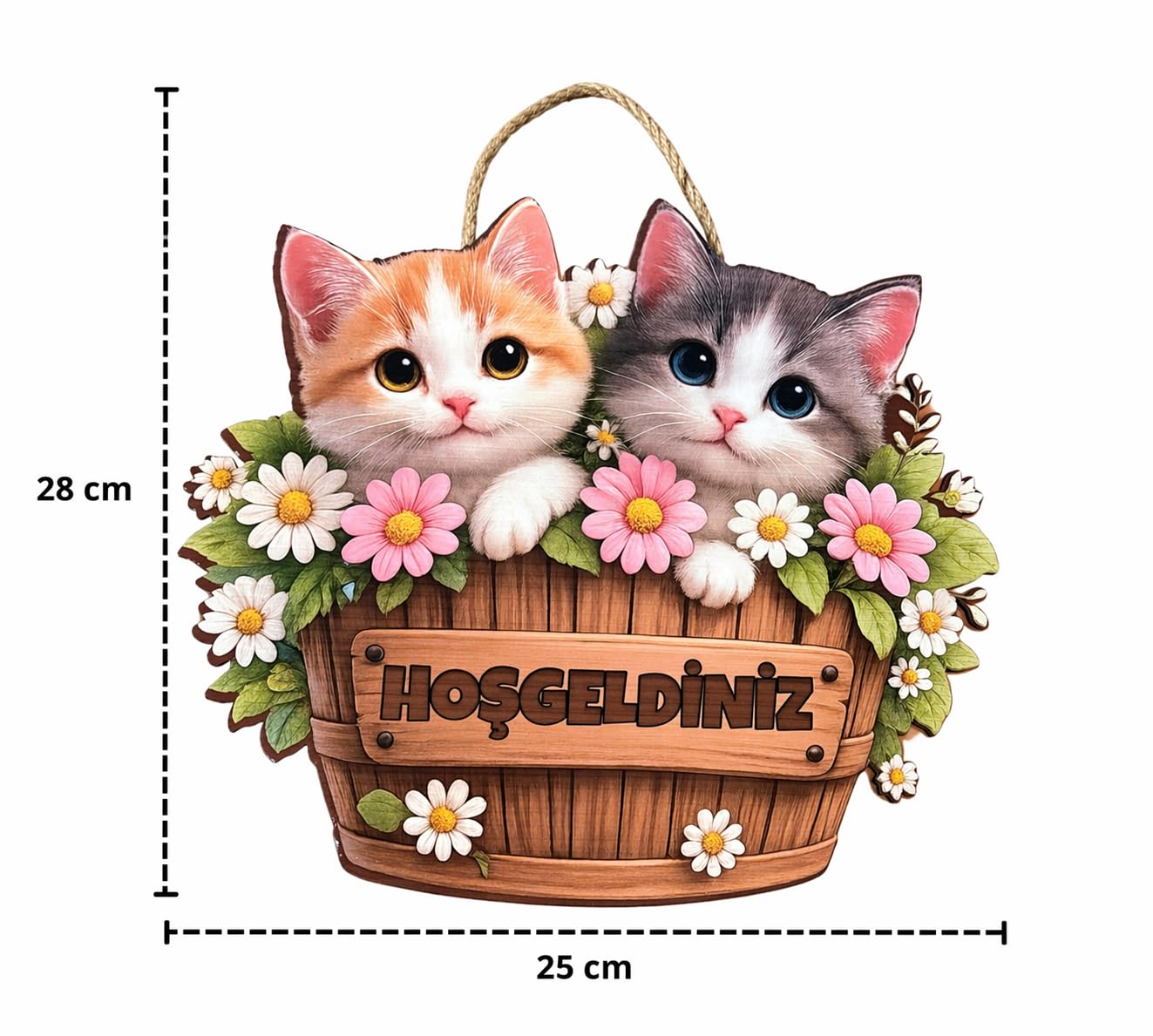 Hoş Geldin Kedi Çiçek Dekorlu Ahşap Kapı Süsü 28-25 cm, Kapı Önü Süsü, Bahçe Süsü