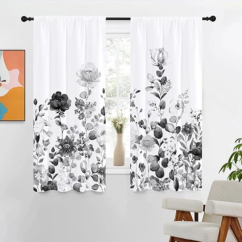Cortinas florales negras y grises de 42 pulgadas de ancho x 63 pulgadas de largo, flores silvestres en acuarela gris y blanco, flores silvestres