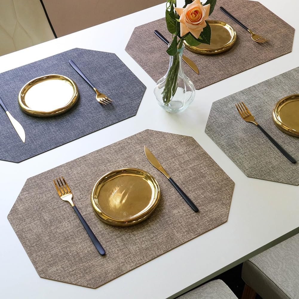 Nordic Style Octagonal Placemats|Waterproof Wipeable Coffee Tea Mat|Easy to Clean Place Mats for Kitchen Dining|43x30cm(16.9x11.8in),Brown,8PCS