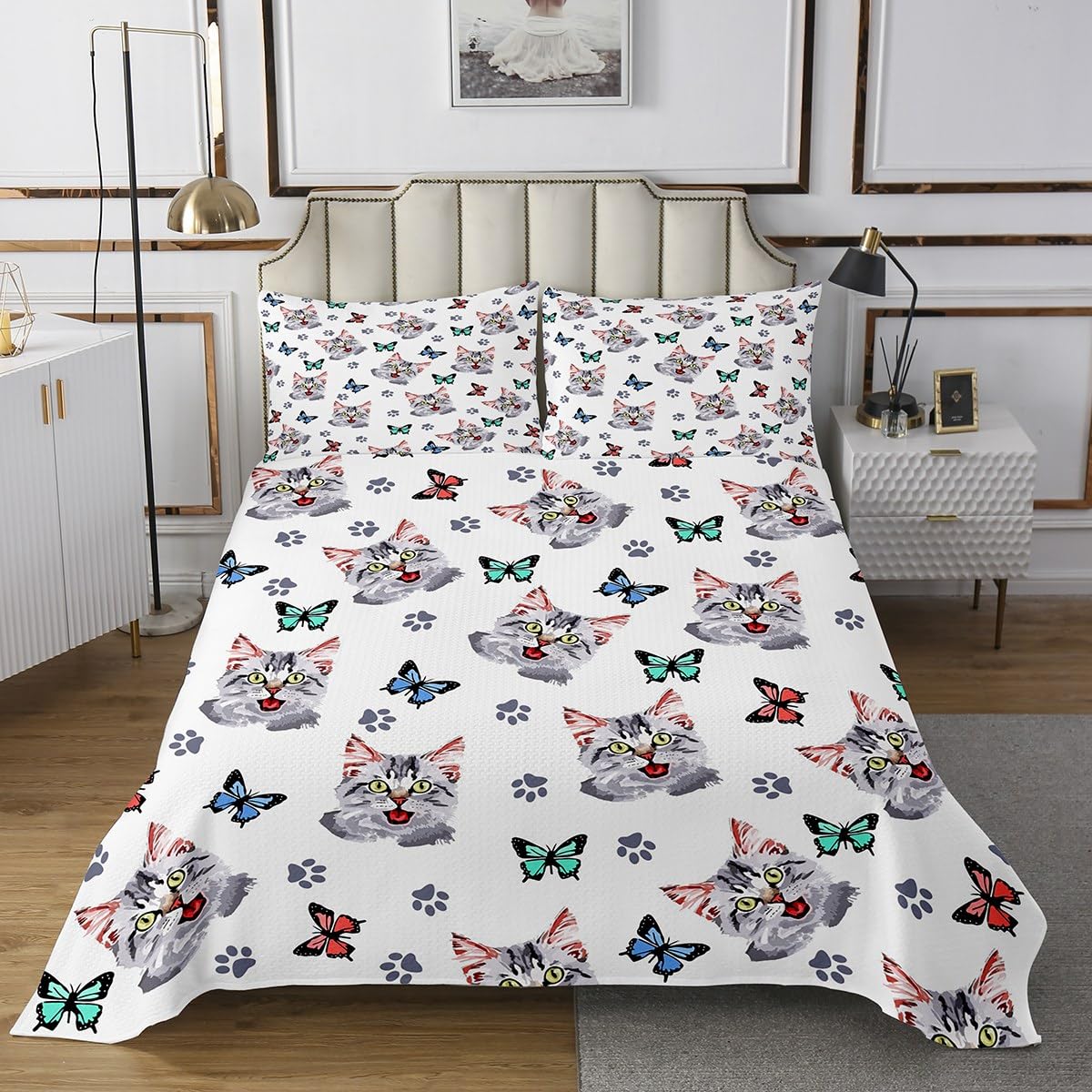 Feelyou Kids Cute Cat Bedspread Colorful Butterfly Cute Kitten Quilt Set for Children Boys Girls Toddler Cartoon Pet Cats Coverlet Kawaii Animal Quilted Room Decor Bedroom Collection King Size
