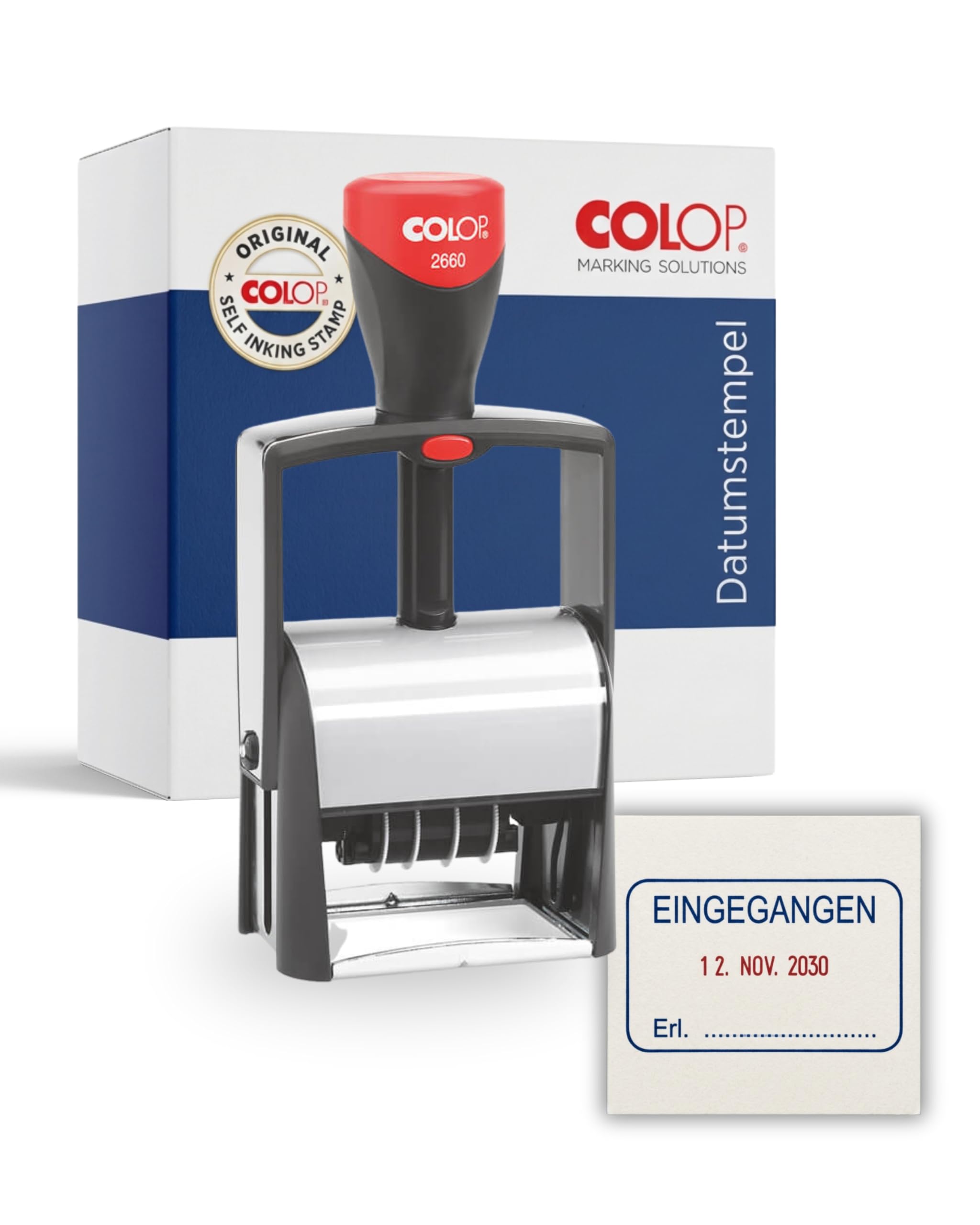 Colop 2660 Datumstempel mit Text EINGEGANGEN Datum deutsch Abdruck blau/rot im Karton 135867 klein | Abdruck 37 x 58 mm I selbstfärbender Bürostempel mit integriertem Stempelkissen blau/rot I ideal für Bürobedarf