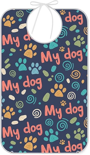 Dog Footprints Adult Bibs with Crumb Catcher for Women Men Reusable Waterproof Feeding Bib,Washable Eating Bib Clothing Protector A23010323