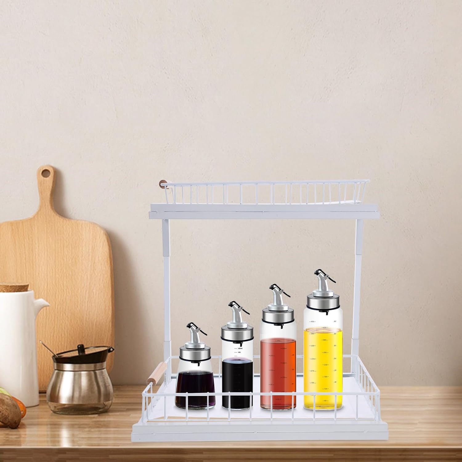 Sink Kitchen Organizer Pull out Storage Rack White Double Layer Telescoping Cabinet Shelf for Pantry and Sink Storage