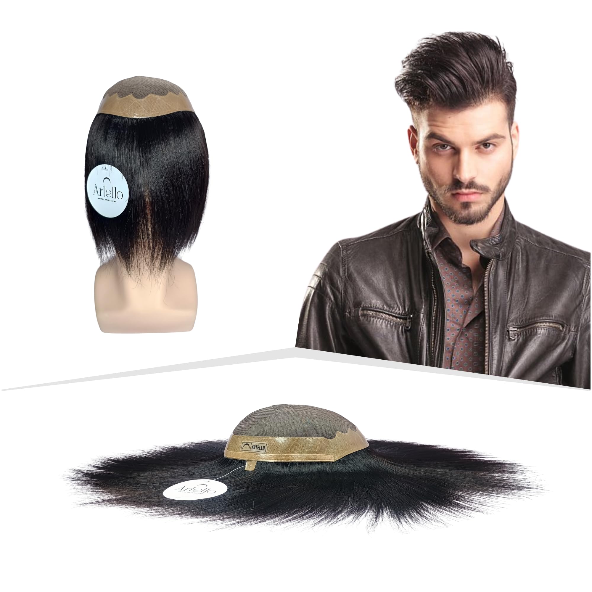 Artello® USA BASE Smart Hair Patch for Men, Matte Hair Wig in 100% Natural Human Hair, Most Durable Grip Strip for Extra Cushioning, 2x Strong Base (Colour: Natural Black) (10x8)