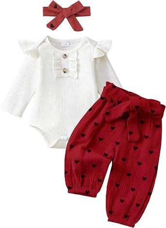 Newborn Baby Girl Clothes Ribbed Knit Romper Heart Daisy Print Pants for 0 3 6 12 18 24 Months Girl Outfits