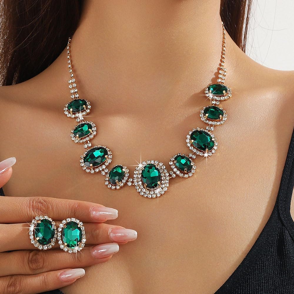 Octwine Silver Black Green Rhinestones Women Bridal Necklace Earrings Set Wedding Rhinestone Necklace Dangle Earrings Sets for Brides Bridesmaid Crystal Prom Party Accessories for Women - Image 3