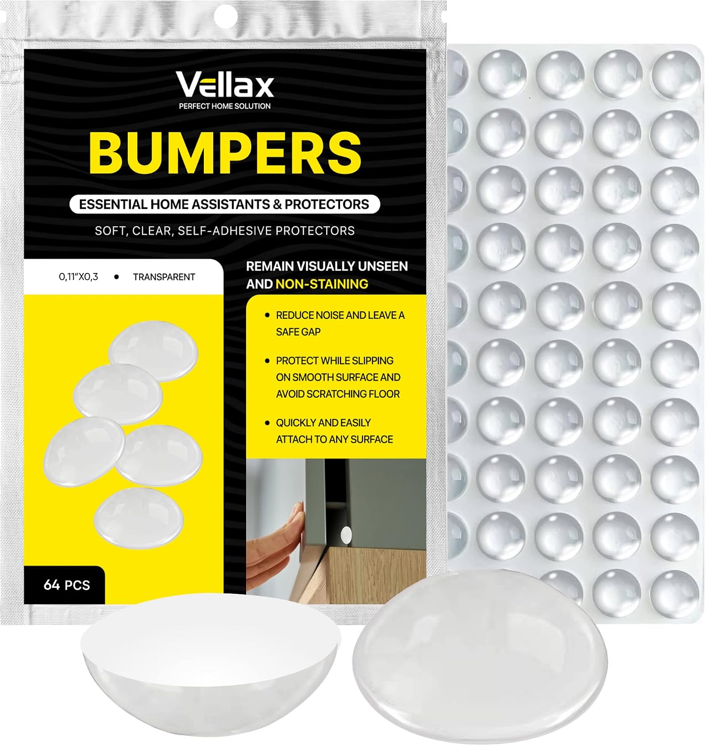 Vellax Cabinet Door Bumpers 64 Pcs - Clear Self Adhesive Pads, Cabinet Stoppers, Rubber Bumpers for Drawers, Cupboards, Cutting Boards, Glass Tops, Picture Frames, Kitchen Furniture (Hemispherical)
