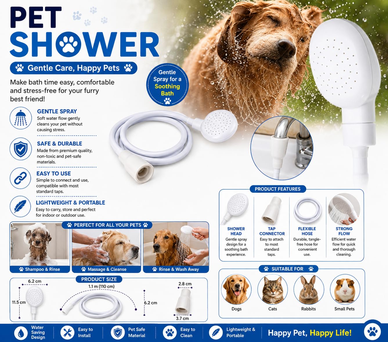 Woofy Multifunctional Pet Grooming 1.3M Long Handheld Shower Head with Tub Faucet Sprayer Hose Kit Suitable for Washing Hair, Washing Pets and Cleaning Tub (White) 4