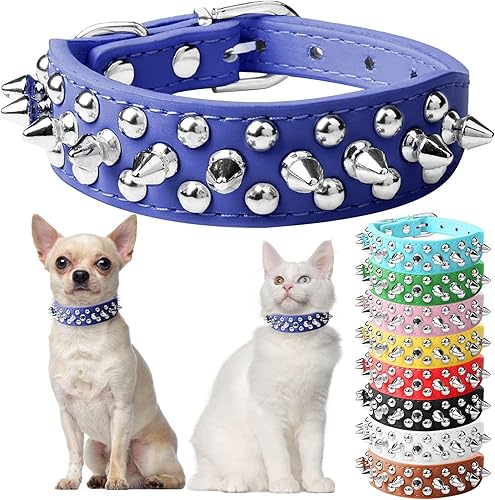 Collar de cuero con tachuelas para perros pequeños, medianos y grandes, collar de piel sintética azul suave ajustable para perros medianos y