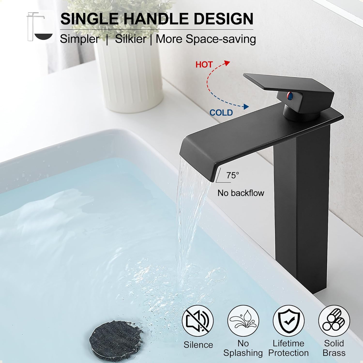 Brass Vessel Sink Faucet Black Waterfall Bathroom Faucet 1 Hole, Tall Bathroom Sink Faucet Single Handle, Modern Bathroom Faucets for Vessel Sinks with Pop Up Drain and Supply Hoses