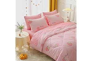 JAMESWISH 7-Piece Kids Strawberry Twin Size Comforter Set - Pink Grid Bedding Set with Sheet