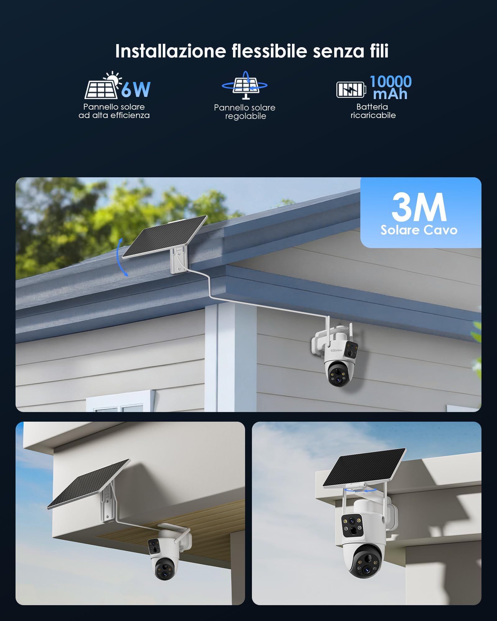 CZEview Telecamera Wi-Fi Esterno Senza Fili, 4MP Videocamera Sorveglianza con pannello solare, Doppio Obiettivo e PIR, 360° PTZ, 10000mAH Batteria, Visione Notturna A Colori, Audio Bidirezionale