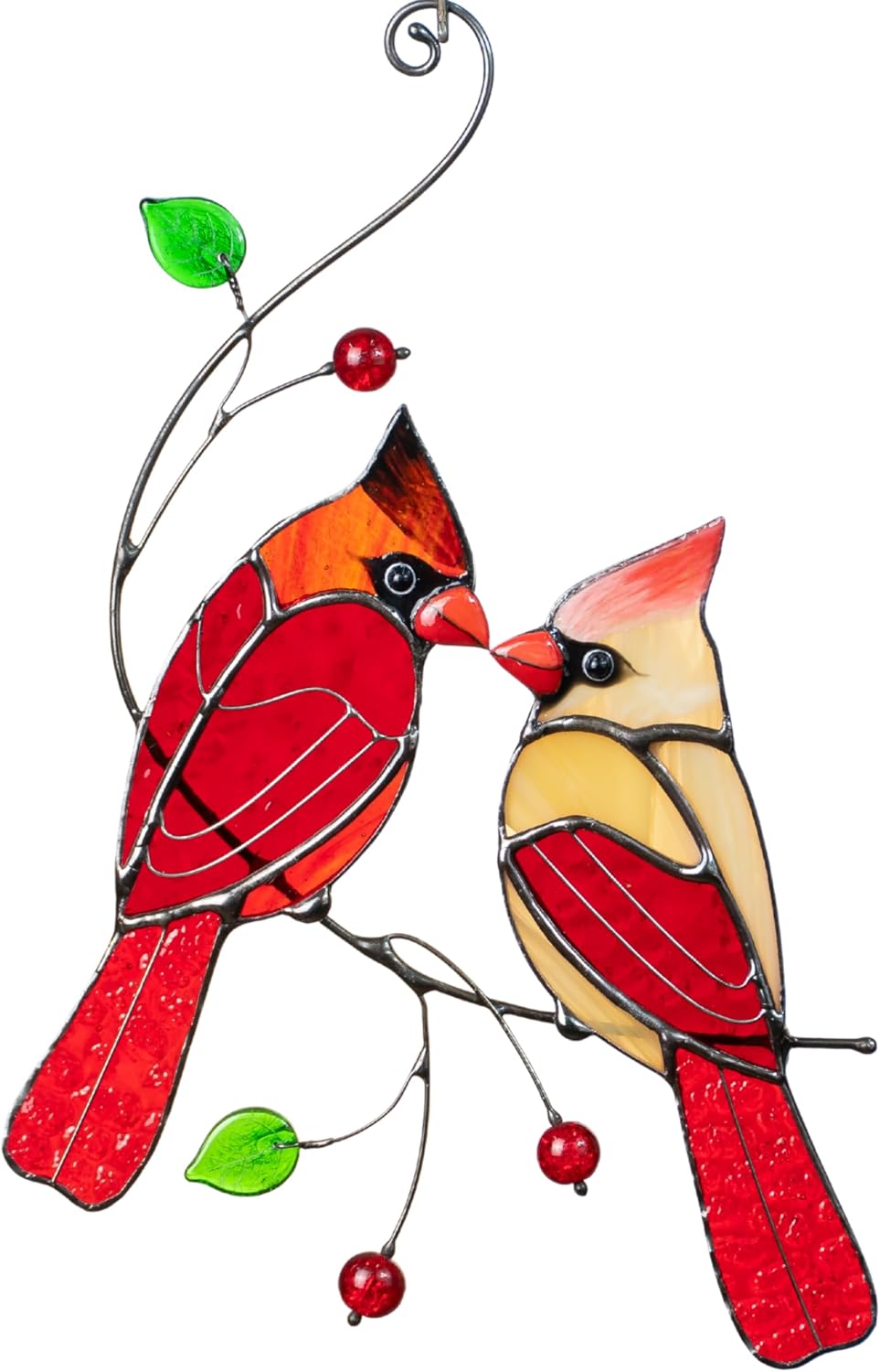 Red Northern Cardinal Birds Stained Glass Suncatcher Genuine Stained Glass Window Hangings Unique Indoor Ornament & Outdoor Decor (Style 1)