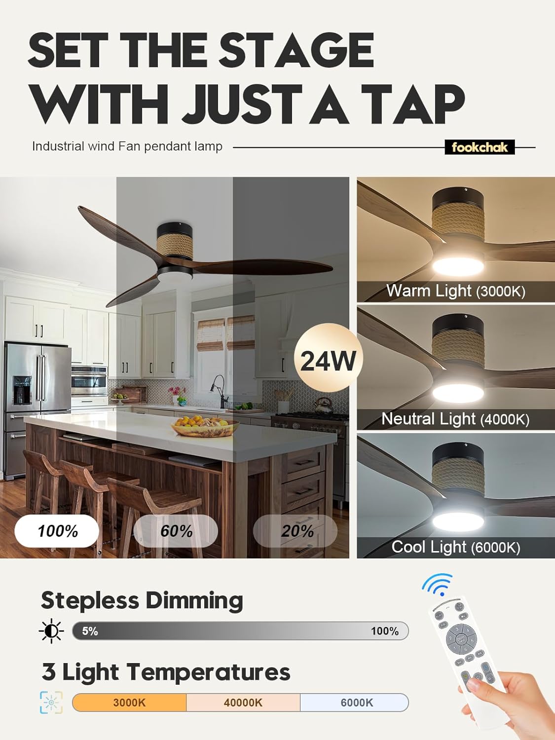 60in Dimmable Flush Mount Ceiling Fans Light with Remote Control 3 Blade Farmhouse Hemp Rope Ceiling Fan with Light Walnut Wood Black Ceiling Fan Outdoor for Kitchen Bedroom Living Room