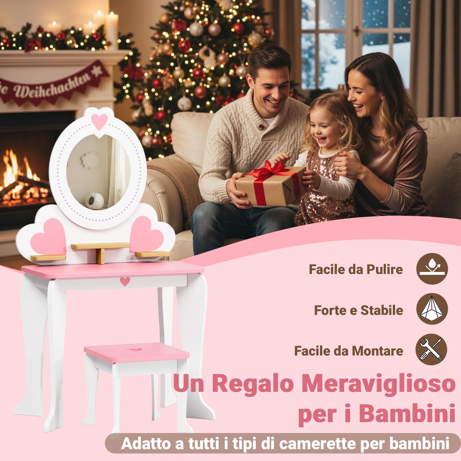Clevich 2 in 1 Toeletta per Bambini, Toeletta da Trucco con Specchio Bambini, Scrivania in Legno con Sgabello, Robusto e Durevole, per Bambini dai 3-8 Anni (Bianco)