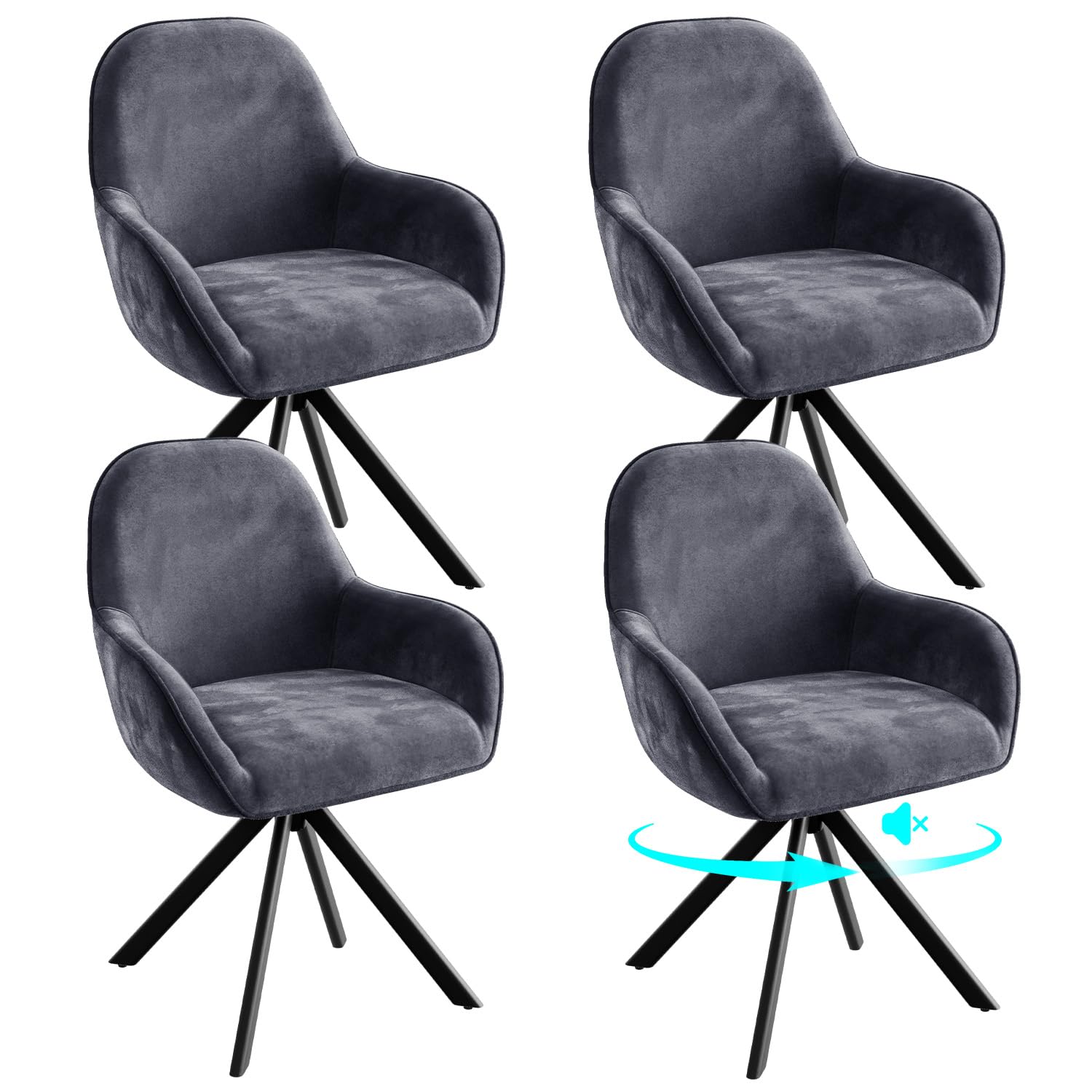 ELUCHANG Sillas de Comedor Pack 4, Giratorias 360°, Butaca Elegante de Terciopelo, Silla Nórdica Moderna con Reposabrazos, para Salón, Cocina y Escritorio, Gris