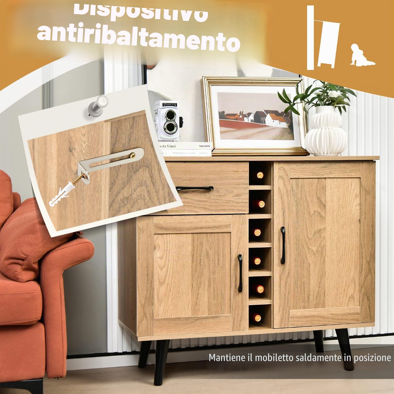 GIANTEX Credenza da Cucina con Porta Vino per 6 Bottiglie, 90 x 40 x 79 cm, Mobile da Bar con 2 Ante e 1 Cassetto, Ripiani Regolabili, per Sala da Pranzo e Soggiorno (Naturale)