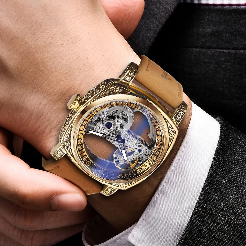FORSINING Relojes de pulsera para hombre, diseño clásico de esqueleto cuadrado transparente, automático, mecánico, de cuero, luminoso, resistente al agua