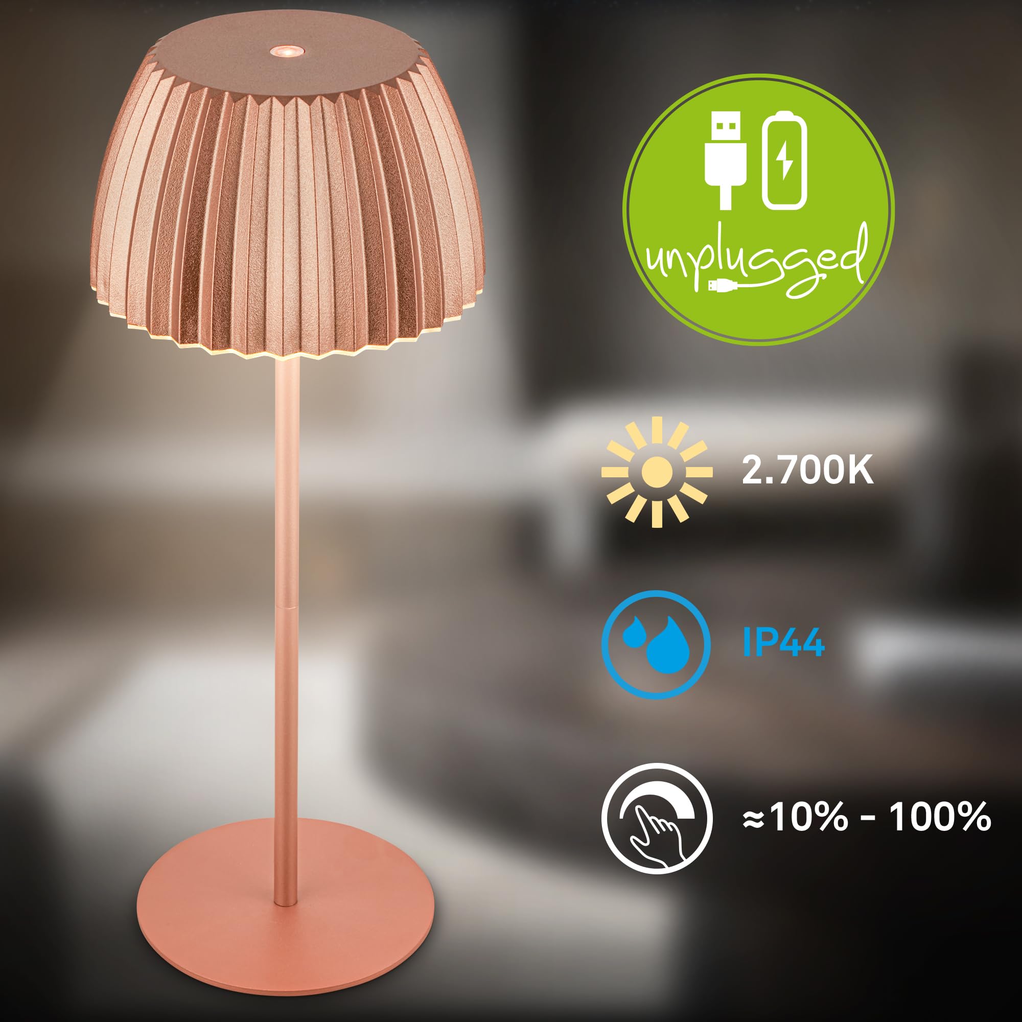 BRILONER - Riffle LED tafellamp snoerloos IP44 met lichtrand, 14,5x36,5 cm, touchdimmer, oplaadbare batterij, bedlamp, LED lamp, oplaadbare batterij lamp, German Design Award Winner 2025, groen