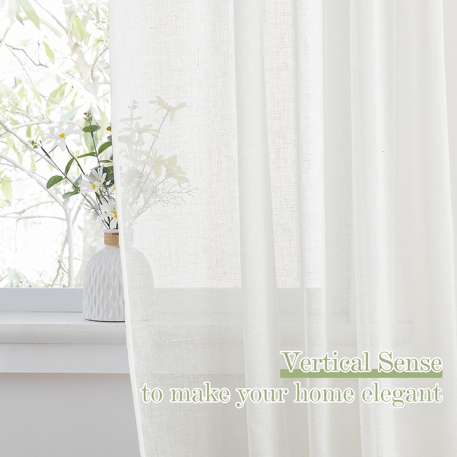 PONY DANCE 90 inch Extra Long Sheer Curtains for Bedroom Living Room, Back Tap Rod Pocket Luxury Linen Curtain Drapes for Sliding Glass Patio Doors,Set 2 Two Panels,90 in Length,Ivory