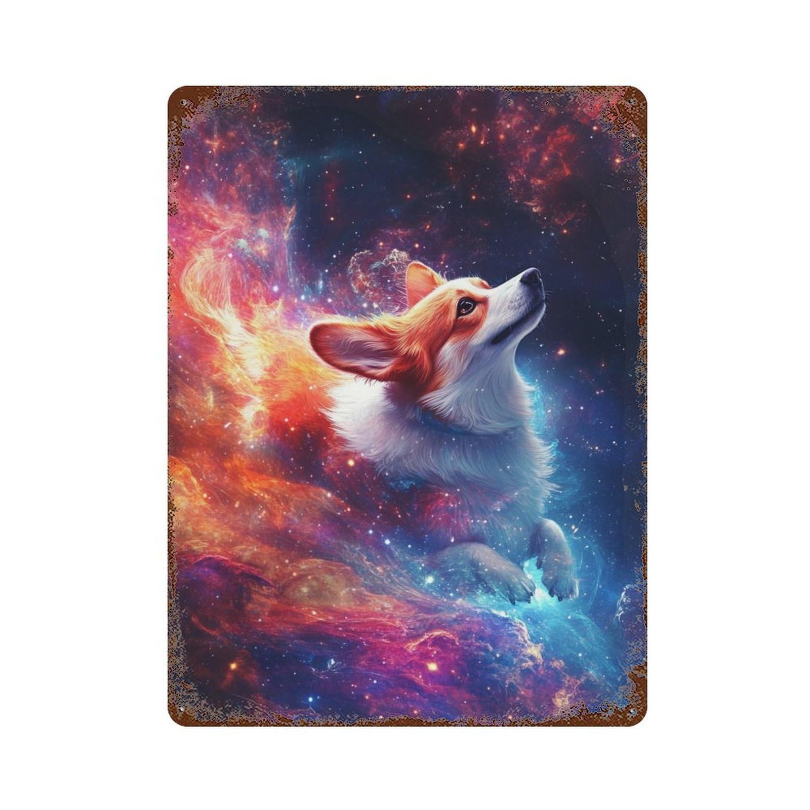 Cosmic Corgi Adventure-3 15.7"x11.8" Vintage Rust Metal Sign, Novelty Wall Decor for Living Room, Hallway And Home Decor