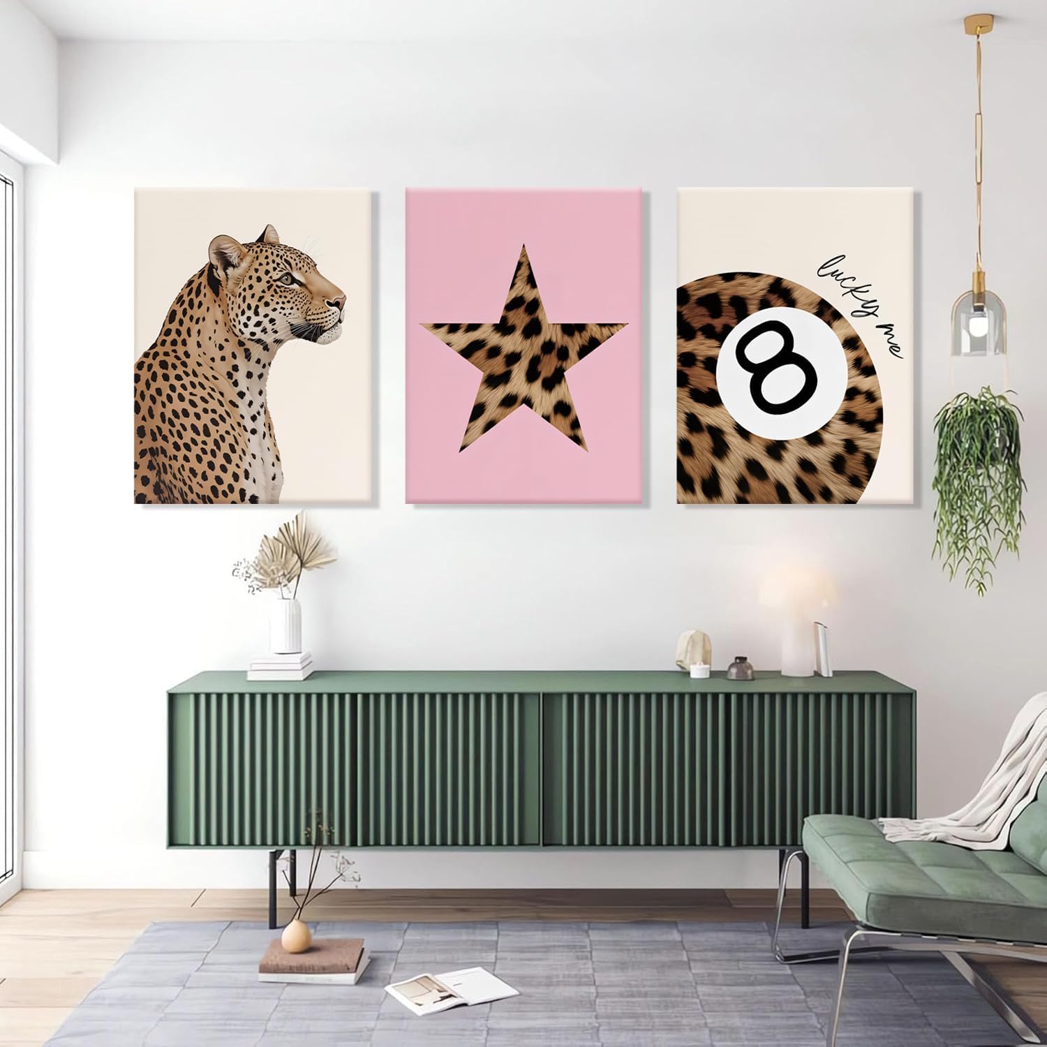 ZBMYYGO 3Pcs Pink Trendy Leopard Canvas Wall Art，Preppy Y2K trend Lucky 8 Ball Cheetah Posters Print Decor Decor for Bedroom, bathroom living room College Dorm, 12x16in Framed